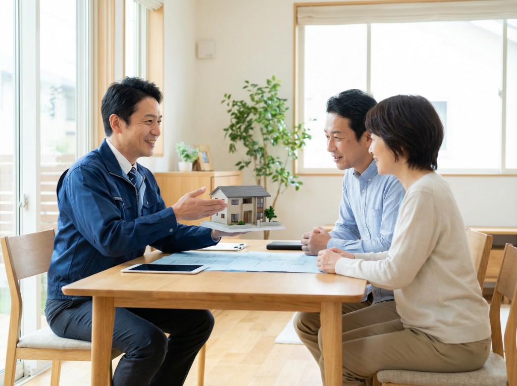 住宅模型を用いてご家族へ説明する様子